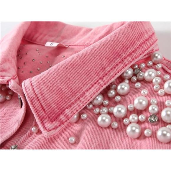 Women's Embroidered Rivet Pearl Short Denim Jacket Coat Pink - Picture 3 of 6